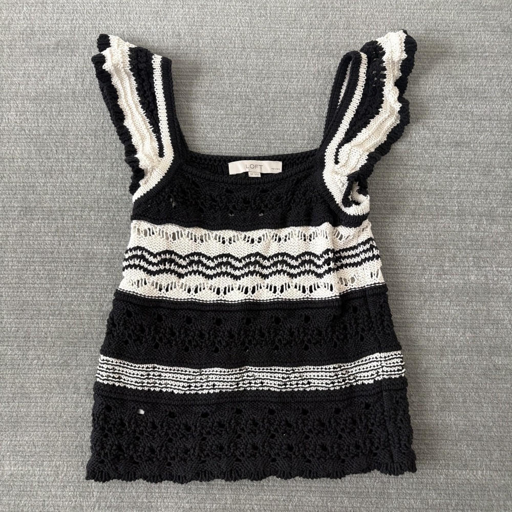 Loft Knit Top Women SP Black Crochet Striped Sheer Sleeveless Boho Cottagecore